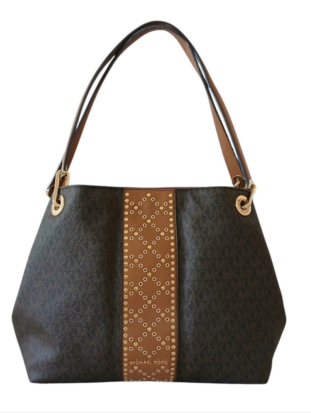 Nwot Michael Kors Raven Large Signature Tote Grommets Studs Brown Tan Luxury